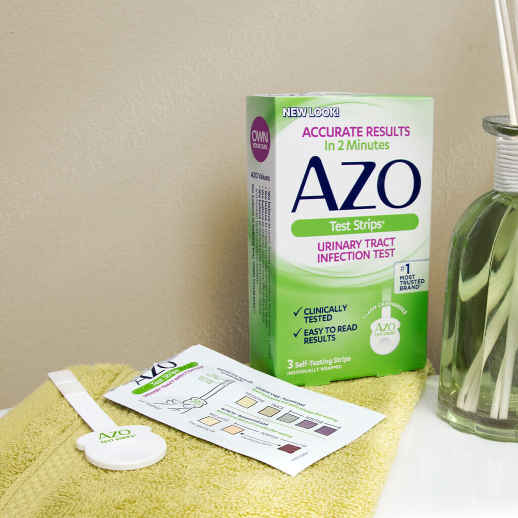 AZO Test Strips box on top of table