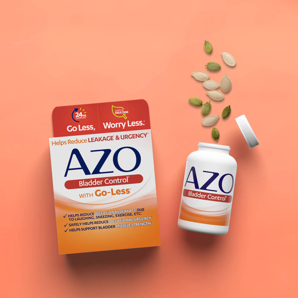 bladder control go less packaging and bottle with spilt pills